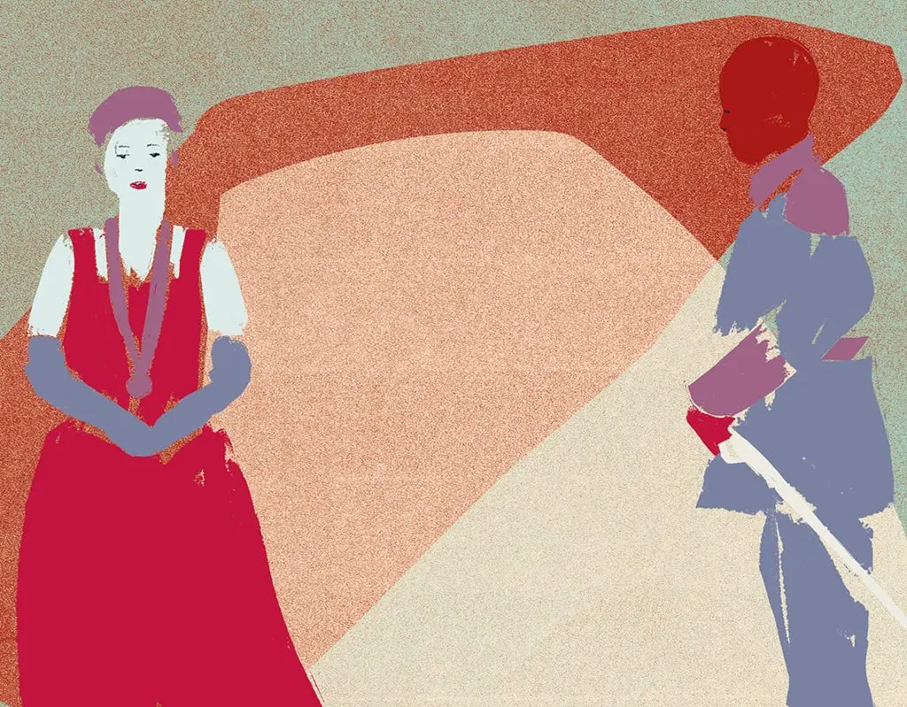 Ilustração em estilo de pôster, com textura granulada e cores chapadas, mostrando duas pessoas em uma cena de dança. À esquerda, uma pessoa de pele pintada de branco usa boina roxa, colete vermelho e saia longa vermelha, com os braços cruzados à frente do corpo. À direita, uma pessoa de pele pintada em vermelho veste roupas em tons de azul e roxo e segura uma longa faixa ou tecido claro. Ao fundo, formas geométricas grandes em vermelho, rosa-claro e bege criam um cenário abstrato.